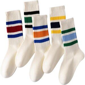 5 Pairs Crew Socks Cotton Striped Solid Seamless Casual Comfort Womens Mens